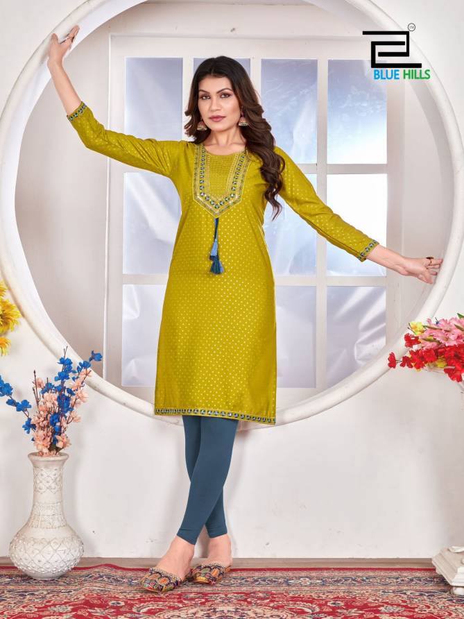 Priya By Blue Hills Rayon Foil Printed Plus Size Kurtis Wholesale Market In Surat With Price